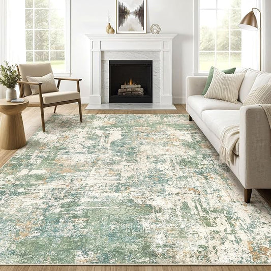 7x10 Area Rug Living Room: Washable Large Abstract Soft Green Rugs Stain Resistant Indoor Floor Non-Slip Accent Carpet for Men Modern Home Enthusiasts Aged 25-45 - Bedroom Office Playroom
