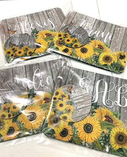 Sunflower Personalized Mouse Pad and Coaster Custom Desk Set Teacher Appreciation Coworker Gifts Office Decor Cute Accessories for Women Her Handmade (Sunflower Barnwood)