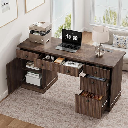 Garvee 60" Office Desk with Storage & Drawers, Fluted Wood Executive Desk with File Drawer & Charging Station, Modern Computer Desk with Adjustable Shelves for Home Office, Brown