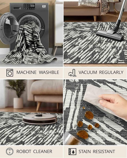 Latte&Fog 5x7 Area Rugs for Living Room Bedroom, Modern Abstract Washable Rug, Boho Non Slip Low Pile Carpet for Indoor Dining Room,Dorm, Classroom, College Dorm,Farmhouse and Kids Room - Black White