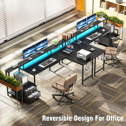 Korfile 66'' L Shaped Gaming Desk with Drawers and Storage Shelves, Reversible Corner Desk with Power Outlets and Host Stand, Large Computer Desk with Led Lights for Gaming, Work, Home Office, Black