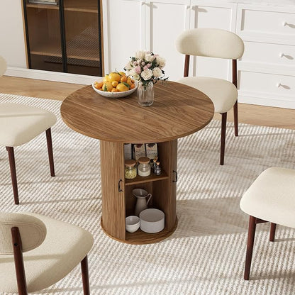 31.5 inch Round Dining Table for 2, Small Dinner Table with 2-Layer Storage Shelf, Morden Circle Kitchen Table with Strip Base and Wood Slide Door for Home Dining Room, Living Room, Chestnut