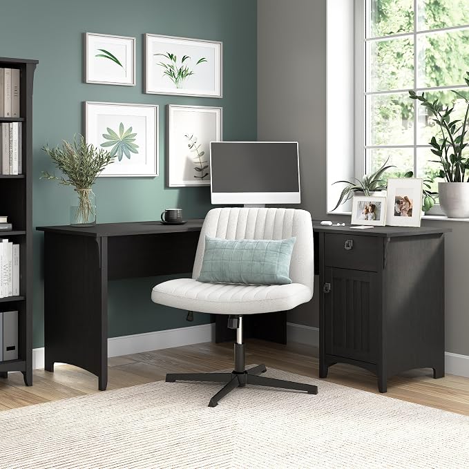 Bush Home L Shaped Desk with Storage for Home Office, Modern Farmhouse Corner Table with Drawers and Cabinets, Salinas Collection, Vintage Black