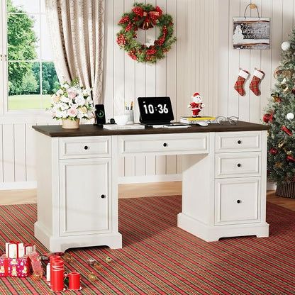 Vipbear 60" Farmhouse Executive Desk with Drawers and Cabinet, Embossed Texture Wood Home Office Desk, Rustic Computer Writing Desk, Workspace for Work Study Writing, White