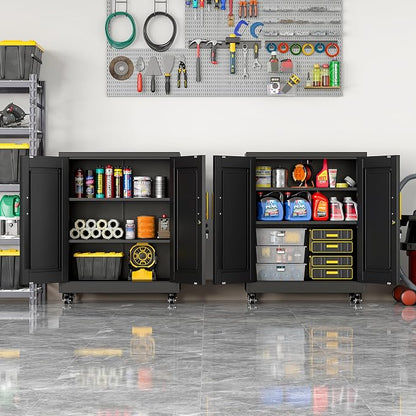 36" Metal Garage Storage Cabinet with Lock and Wheels,Rolling Steel Locker Organizer,Office File Cabinet with 2 Doors and 2 Adjustable Shelves,Tool Cabinets for Home Office,Gym,School (Black)