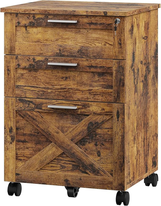 GAOMON 3 Drawer Mobile File Cabinet with Lock, Under Desk Wooden Filing Cabinets for Home Office Organizer Letters/Legal/A4, Rustic Brown