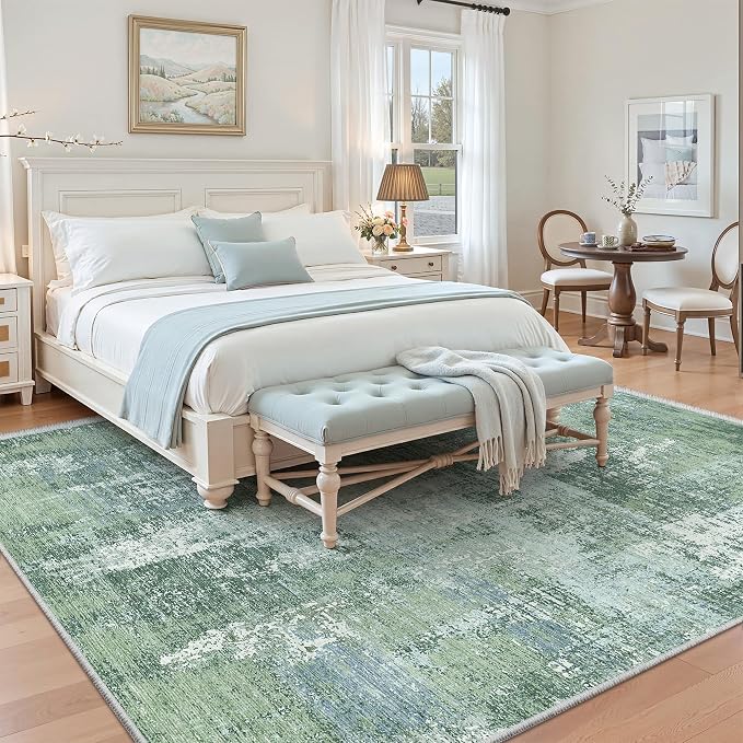Valenrug Washable Rugs 5x8 - Stain Resistant 5x8 Area Rugs for Living Room, Non Slip Backing Abstract Rugs for Bedroom, Folable Machine Washable Area Rug(5'x8', Sage Green)