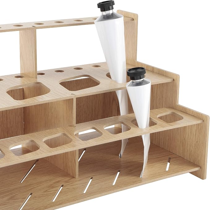 HG Art Concepts Mezzo Artist paint and Brush Rack - Wood Grain Laminate Multi Layer Desk Stand Professional Storage Display Organizer for paintbrushes and paint Tubes - Straight Rack 1