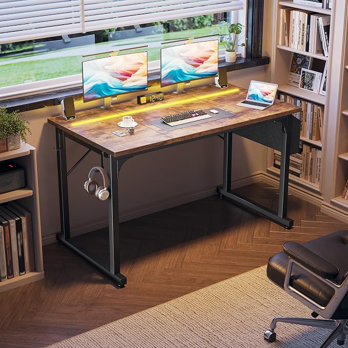 DurayLoly 48 Inch Computer Desk with Waterproof LED Lights,Study Desk for Teens & Home Office,Headphone Hook & Storage Bag Included,Sturdy Metal Frame,Small Space Friendly,Rustic Brown