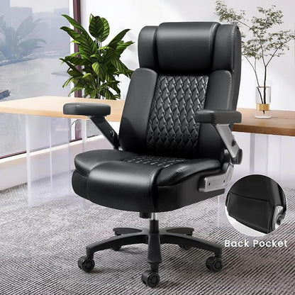 Big and Tall Office Chair 600lbs with 5D Flip Arms, Heavy Duty Executive Office Chairs, Ergonomic Desk Chair with Adjustable Lumbar Support & Rubber Wheels, PU Leather, Black