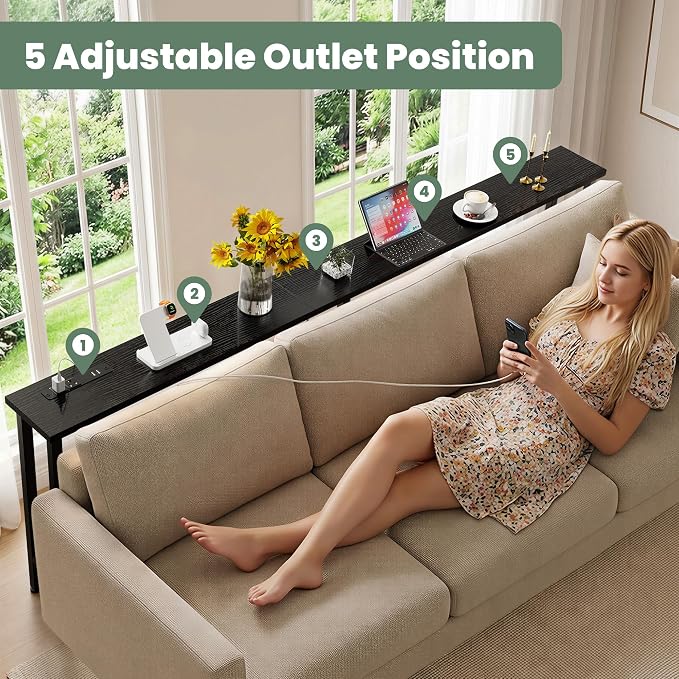 GRLEAF 63" Narrow Console Sofa Table with Built-in Power Strip (2 AC Outlets & 2 USB Ports) – 4.9ft Power Cord, Metal Frame, Easy Assembly, Ideal for Behind Couch, Hallway, and Home Office | Black