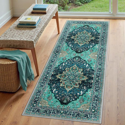 RELEANY Area Rugs Runner 3'x8' Washable Non-Slip, Floral Vintage Distress Medallion Carpet for Kitchen Hallway Bedroom Beside Laundry Room Bathroom, Teal Green Lake Blue Turquoise