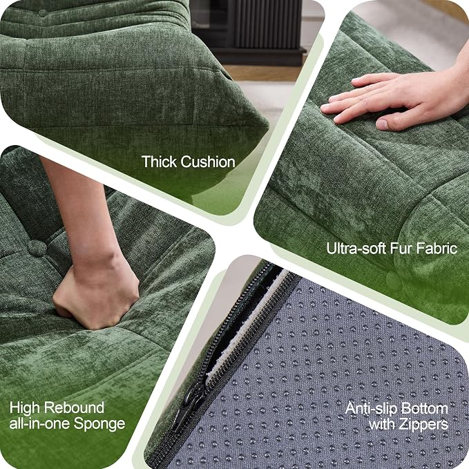 Hobestluk Giant Bean Bag Chair Faux Fur BeanBag Couch for Living Room | Green Chenille, 3-Seater,Ergonomic Design,Memory Foam,Anti-slip Bottom,No Assembly Required,Decorative Style for Living Room