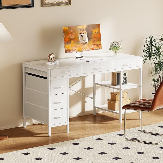 OLIXIS Computer Desk with 6 Drawers, 55 inch Office Workstation with Storage Shelves, Reversible Gaming Setup, Corner Table with Storage Drawers, Work for Home Office, Study, Living Room, White