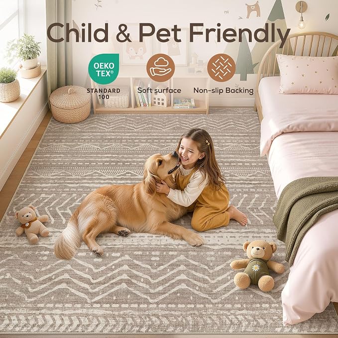 Nakagishi Area Rug Living Room Rugs: 12x18 Large Soft Machine Washable Boho Moroccan FarmNeutral Stain Resistant Indoor Floor Carpet for Bedroom Under Dining Table Home Office Decor-Dark Brown