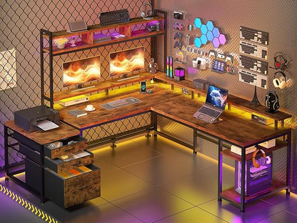 EnHomee 64 x 60 Inch Reversible L Shaped Gaming Desk with Shelves, 3 Drawers, Power Outlet & LED Lights, Two Person Corner Computer Desk with Monitor Stand for Home Office, Bedroom, Gaming Room