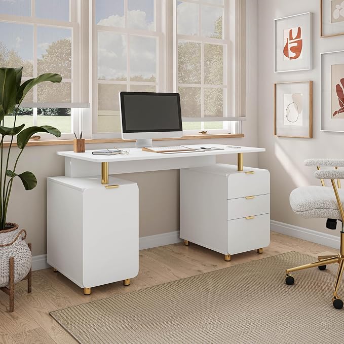 Elegant 57" W Executive Desk with 3 Drawers and Storage Cabinet, Modern Office Desk with Gold Accents, Floating Work Surface, Closed Storage with Ventilation & Adjustable Shelf (White,Gold)