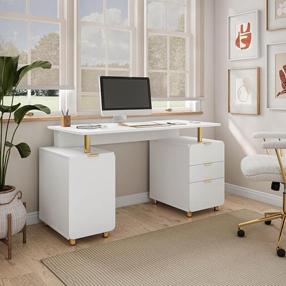 Elegant 57" W Executive Desk with 3 Drawers and Storage Cabinet, Modern Office Desk with Gold Accents, Floating Work Surface, Closed Storage with Ventilation & Adjustable Shelf (White,Gold)