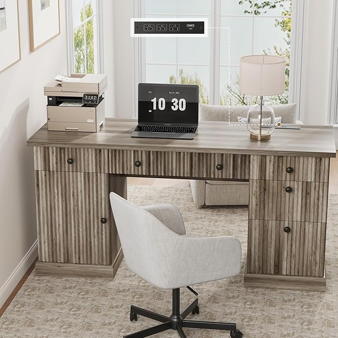 Garvee 60" Office Desk with Storage & Drawers, Fluted Wood Executive Desk with File Drawer & Charging Station, Modern Computer Desk with Adjustable Shelves for Home Office, Grey