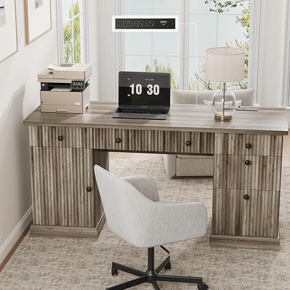Garvee 60" Office Desk with Storage & Drawers, Fluted Wood Executive Desk with File Drawer & Charging Station, Modern Computer Desk with Adjustable Shelves for Home Office, Grey