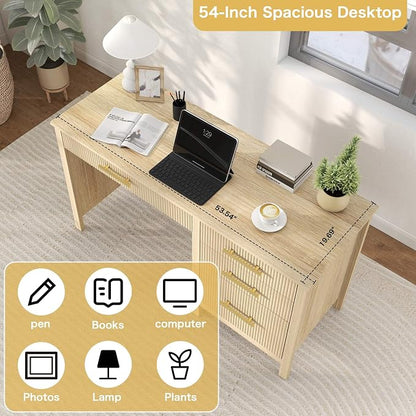 Modern Executive Desk with Drawers: 54 Inch Oak Home Office Desks with File Drawer, Wood Fluted Desk with Storage, Writing Computer Desks with 4 Drawers