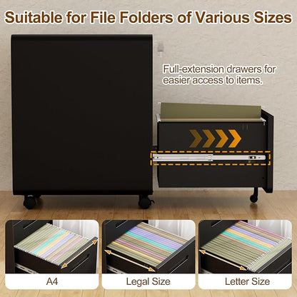 File Cabinet, Mobile Filing Cabinet with Lock, All Steel Structure Printer Stand, Fully Assembled Except Casters, Under Desk Storage for Home Office, 3 Drawers Document Organizer, Black