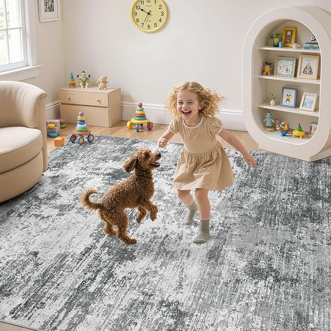 UERMEI 10x12 Area Rug for Living Room - Washable Neutral Modern Abstract Carpet, Non-Slip Soft Large Indoor Floor Rugs for Bedroom Home Office & Under Dining Table Decor, Grey Black