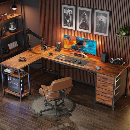 Huuger 63 Inch L Shaped Desk with Fabric Drawers, Computer Office Desk with Power Outlets and USB-C Port, Corner Desk with Storage Shelves, Work Study Home Office, Reversible, Rustic Brown, 1CD079F