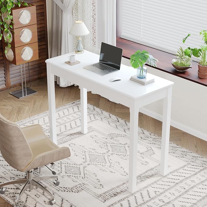 100% Solid Wood Desk with Drawers 39 x 15 Inch Mid Century Modern Desk Vintage Small Writing Wooden Desks for Small Spaces Bedroom, Living Room, Office