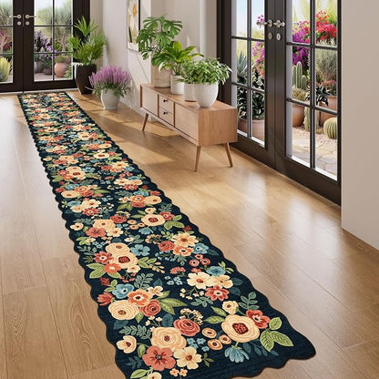 DUKINO 2x14 Long Hallway Runner Rug, Non Slip Floral Washable Runner Rug for Kitchen, Boho Low Pile Thin Indoor Carpet for Hallways, Entryway, Bathroom, Kitchen, Bedroom, Navy Blue