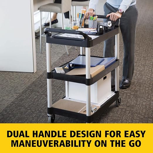 Rubbermaid Commercial Products Heavy Duty 3-Shelf Rolling Service/Utility/Push Cart, 200 lbs. Capacity, Black, for Foodservice/Restaurant/Cleaning/Warehouse/Garage