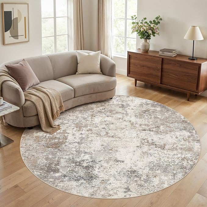 UERMEI 8ft Round Area Rug Living Room Rugs - 8x8 Washable Neutral Modern Abstract Soft Thin Rug Indoor Floor No Slip Rug Carpet for Bedroom Under Dining Table Home Office Decor - Brown Grey