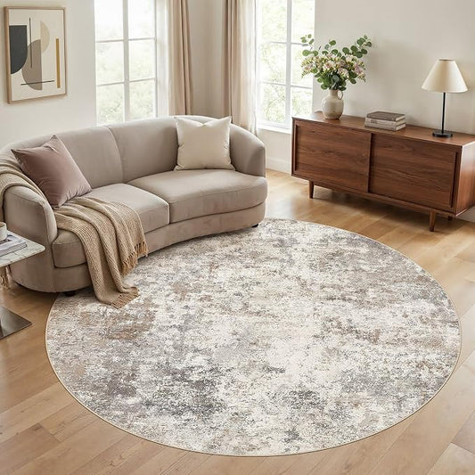 UERMEI 8ft Round Area Rug Living Room Rugs - 8x8 Washable Neutral Modern Abstract Soft Thin Rug Indoor Floor No Slip Rug Carpet for Bedroom Under Dining Table Home Office Decor - Brown Grey