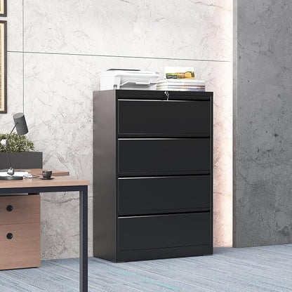 4 Drawer Lateral File Cabinet with Lock, Black Metal File Cabinets for Home Office, Steel Heavy-Duty Filing Storage Cabinet for Letters/Legal/A4, Require Assembly