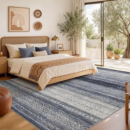 6x8 Area Rugs Living Room: Washable Boho Large Neutral Soft Rug Modern Stain Resistant Moroccan Indoor Non Slip Floor Carpet for Bedroom Nursery Kids Playroom Office Dining Room Dorm- Blue