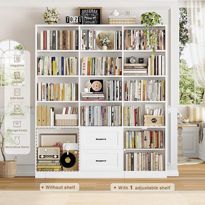HOSTACK 71" Tall Triple Wide Bookshelf with Doors & Drawers, Modern Wood Bookcase for Storage, 6-Tier Large Bookcase with Display Shelves, Space-Saving Bookshelf for Living Room, Home Office, White