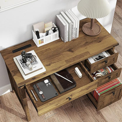 Small Farmhouse Executive Desk with Drawers, 45 Inch Vintage Computer Desk with Storage for Home Office, Bedroom & Study, Light Brown
