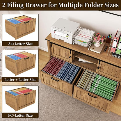 2 Drawer Lateral File Cabinet with Outlets & Charging Station for Files Letter/FC/A4, Farmhouse Filing Cabinets for Home Office Storage, Wooden Print Stand, 46.4" Wide, Rustic Brown
