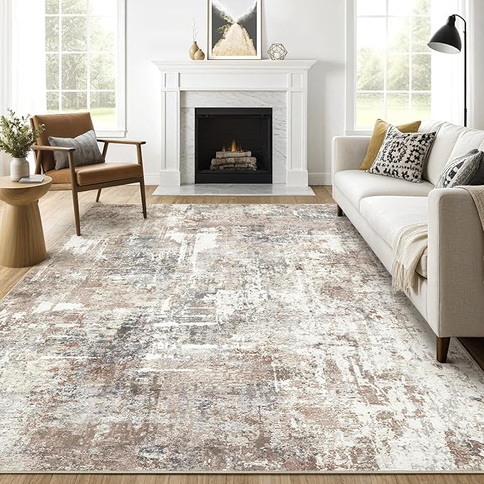 8x12 Area Rug Living Room: Washable Large Abstract Modern Soft Rugs Stain Resistant Indoor Floor Non-Slip Accent Carpet for Bedroom Nursery Playroom Office Dining Room Home House- Brown