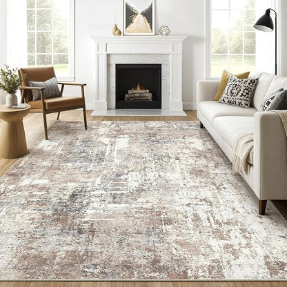 8x12 Area Rug Living Room: Washable Large Abstract Modern Soft Rugs Stain Resistant Indoor Floor Non-Slip Accent Carpet for Bedroom Nursery Playroom Office Dining Room Home House- Brown