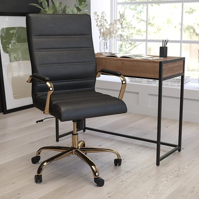 Merrick Lane Milano Contemporary High-Back Black Faux Leather Home Office Chair with Padded Gold Arms