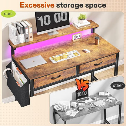 Gaming Desk with LED Lights with 2 Drawers, 31 Inch Desk Home Office Desk Computer Desk with Side Pocket & Ergonomic Monitor Stand, Small Space Study Writing Table with Anti-Tip Design, Rustic Brown