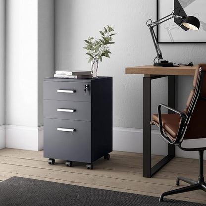 Modern Design Lazio Black File Cabinet, Filing Cabinets for Home Office, Drawers for Under Desk, Locking 3 Drawer Rolling Wood File Cabinet with Lock, by Crafts and Comfort