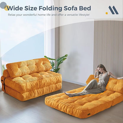MAXYOYO Folding Sofa Bed, Convertible Chair with Pilow, Portable Fold Out Chair Bed with Back Support Comfy Floor Sofa Lounge for Living Room Bedroom, Orange, Double