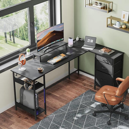 DEVAISE 66 Inch L Shaped Gaming Desk with Drawers and Storage, Corner Desk with LED Lights, Power Outlets, Computer Desk with Monitor Stand, Office Desk for Home, Black