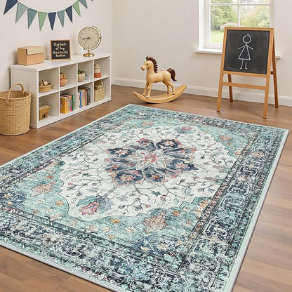 RELEANY Area Rugs 4'x6' Washable Non-Slip, Floral Vintage Distress Medallion Carpet for Living Room Bedroom Dining Room, Green Navy Blue White Red Teal