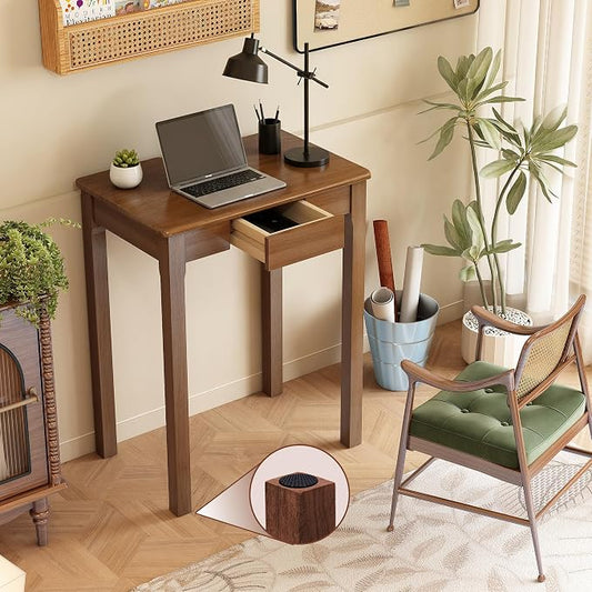 Solid Wood Desk with Drawers - 23.6" Narrow Desks for Small Spaces, Mid Century Modern Desks, Small Wooden Vintage Computer Writing Desk, Study Table for Home Office Bedroom, Walnut