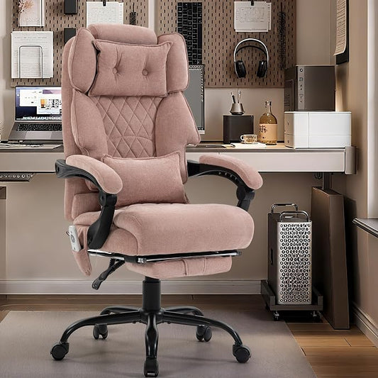 Massage Office Chair with Foot Rest,6 Points Vibration & Heat Executive Office Chairs,Ergonomic Fabric Desk Chair for Heavy People,Big and Tall Office Chair 500LBS,Recliner with Dual-Use Pillow,Pink
