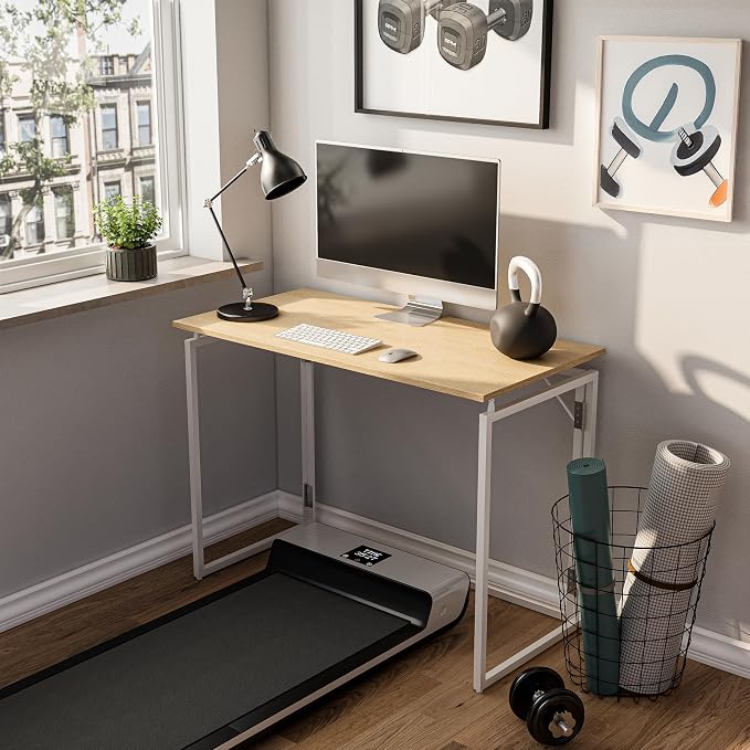 alawooder Folding Desk - 39.4” Wood Top Foldable Desk for Small Spaces | No Assembly Required Compact Desk for Home Office, Writing, and Study
