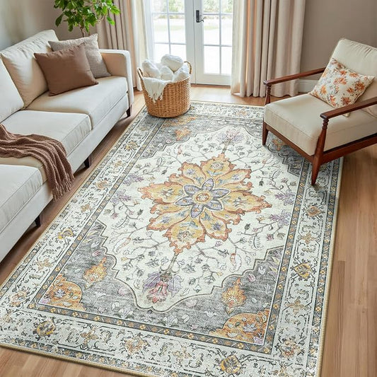 RELEANY Area Rugs 5'x8' Washable Non-Slip, Floral Vintage Distress Medallion Carpet for Living Room Bedroom Dining Room, Beige Carbon Grey Orange